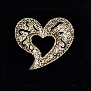 Bejeweled Silver Tone Heart Brooch